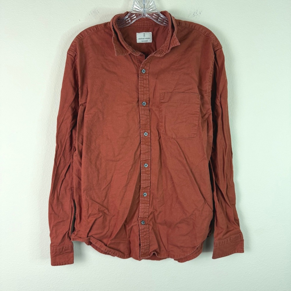 Mutual Weave Button Down Mens L Rust Orange Long Sleeve Cotton Stretch Shirt